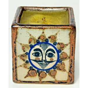 Vtg Mexican Pottery Sun Moon Face Cobalt Blue Candle Talavera Style Hand Painted